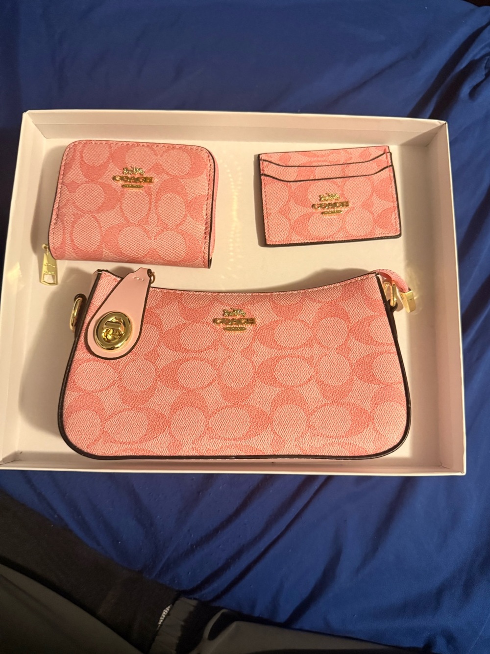 pink coach bag, wallet, and card holder set